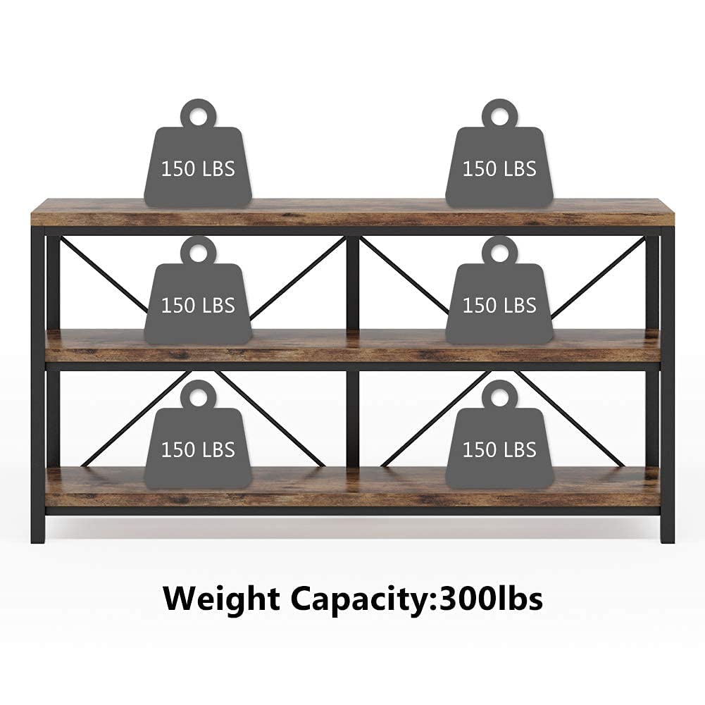 55 Inches Long Sofa Table with Storage Shelves, 3 Tiers Industrial Rustic Console Table with Open Shelves, Three Decorative Shelf, Open TV Shelf for Living Room, Hallway, Book Tribesigns