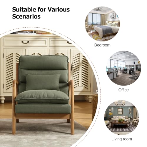 INZOY Mid Century Modern Accent Chair with Wood Frame, Upholstered Reading Armchair with Waist Cushion, Double Padded Accent Chair, Side Chair for Living Room Bedroom Office, Easy Assembly, Green INZOY