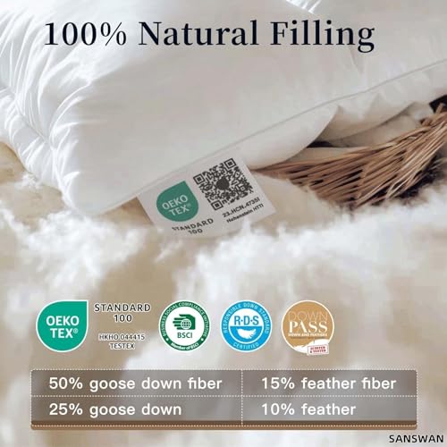 Luxury Goose Down Comforter King Size, 750 Fill Power All Season Fluffy Duvet Insert, 56oz Medium Weight, Soft Cotton Fabric, Hotel Bedding Comforter with Corner Tabs, 106 x 90 Inch SANSWAN