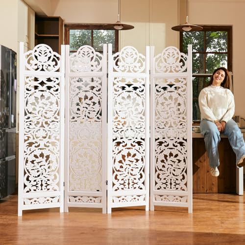 5.75Ft Room Divider Wood Screen, 33Lbs Durable MDF Carved Rustic Style Headboard, Reversible Freestanding Folding Partition Paravent for Home, 69 * 71 inch(H*W) - 4 Panels (Rustic White) Svimi