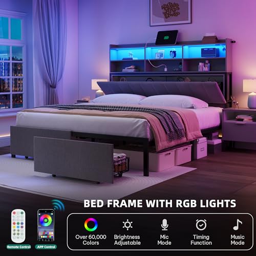 YITAHOME Queen Bed Frame with 2-Tier Storage Shelves and Bookcase Headboard,LED Light Queen Size Bed with Charging Station, No Box Spring Needed/Noise Free, Dark Gray YITAHOME