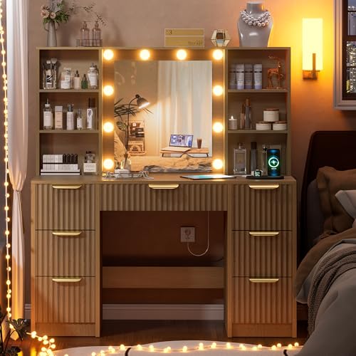 DDONGMM Fluted Vanity Desk with Mirror and 10 Adjustable LED Lights, Modern Makeup Desk with 7 Drawers & 6 Shelves, Dressing Table with Charging Station for Girls, Women, Bedroom, Natural Oak DDONGMM