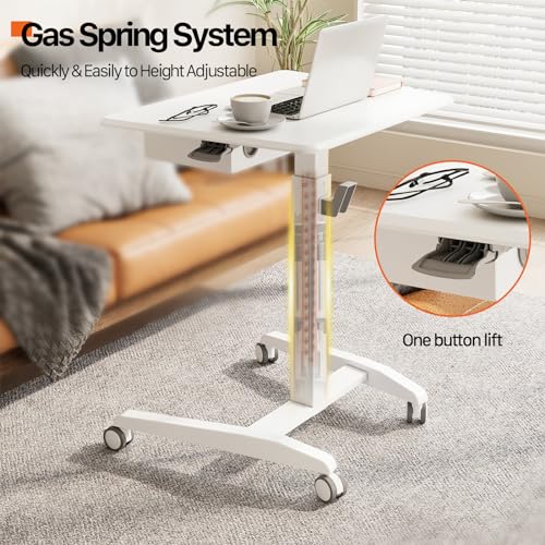 JOY Worker Mobile Standing Desk With Storage Drawer, Pneumatic Height Adjustable Laptop Workstation, White Rolling With Wheels for Home Office Classroom JOY worker