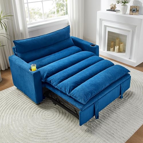 3 in 1 Convertible Pull Out Sleeper Sofa Couch Bed, 56.3" Velvet Futon Loveseat Lounge Chaise Recliner Sofabed with Adjustable Backrest & Cupholders and Cloud Cushions Eafurn