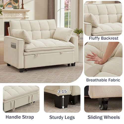 Portaforta Sleeper Sofa with Pull Out Couch Bed, 48" Convertible Pull-Out Sofa Bed Chair, 3-in-1 Futon Couch with Reclining Backrest and Side Pockets for Living Room Bedroom Apartment, Beige Portaforta