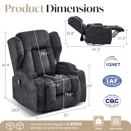 Power Swivel Rocker Recliner Chair for Adults, Dual-Motor Power Recliner with Independent Back & Footrest, Massage & Heat, 3-Sided Lights, USB, Cup Holder, Glider Rocking Chair for Living Room, Gray