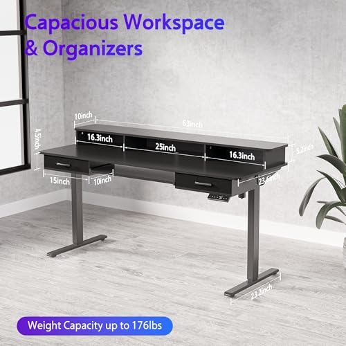 WALKINGDESK 63x24 Inches Electric Standing Desk with Keyboard Tray, Height Adjustable Stand up Desk with 2 Drawers, Ergonomic Sit to Stand with Storage Monitor Stand, Computer Table, Black WALKINGDESK
