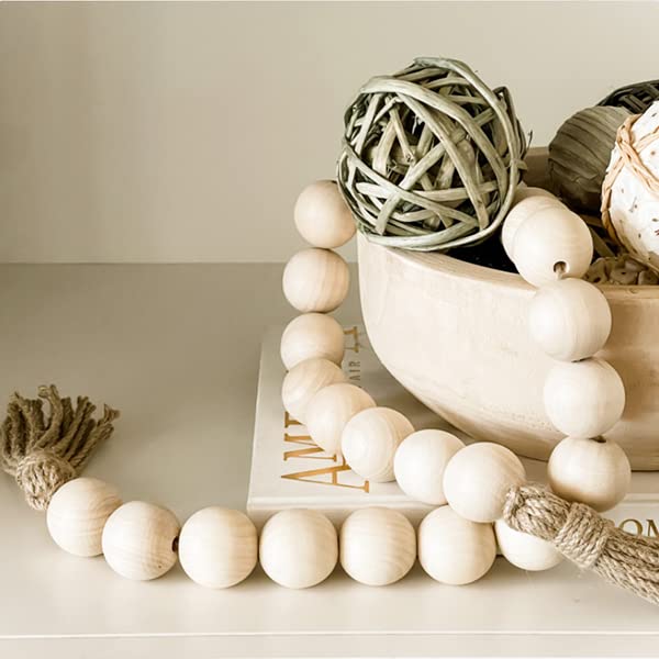 Farmhouse Decor Large Wood Bead Garland 50inch long with 1.6" Diameter beads, Natural Wooden Beads Decor with Tassels Decorative Boho Country Decoration for Coffee Table Home Tiered Tray Wall Hanging Elifel