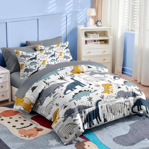 Nesker 5 Pcs Comforter Set Twin Size, Cute Dinosaur Bedding for Kids Teen, Blue Yellow Gray Dino Bedding Set with Pillowcase & Sham for Bedroom Bed Decor Nesker