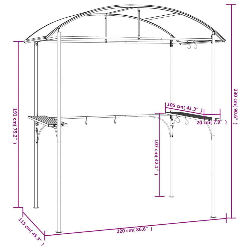 loibinfen Steel BBQ Grill Gazebo Shelter with Side Shelves, Steel Barbecue Grill Gazebo Tent, Outdoor BBQ Canopy with Side Shelves for Garden, Patio, Backyard, Anthracite 86.6"x45.3"x90.6" loibinfen