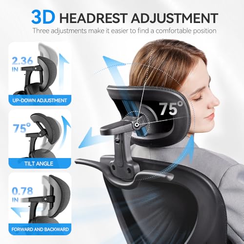 Freepub Ergonomic Office Chair with Headrest 3D, Mesh Office Desk Chair with Adjustable Lumbar Support, Computer Chair with Flip up Armrests, 350LBS Capacity - Design for Home/Offices - Black Freepub