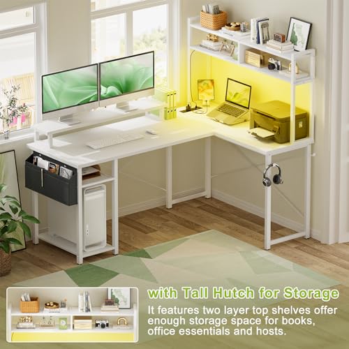 Besiost Small L Shaped Desk Gaming Desk with Power Outlets, 48" Reversible L Shaped LED Computer Desk with Monitor Stand & Storage Shelf, Corner Gamer Desk Home Office Desk with Storage Bag, White Besiost