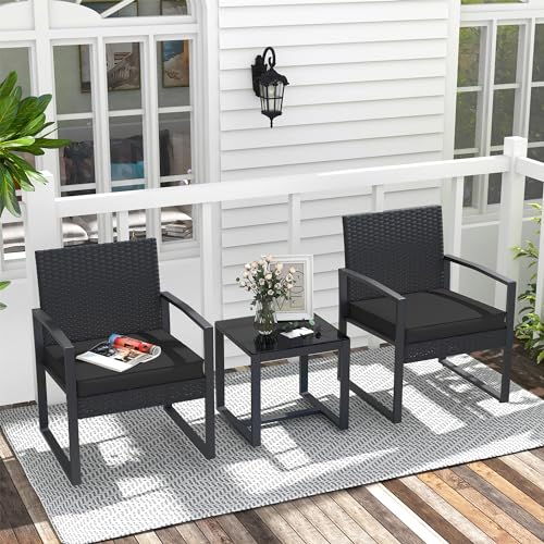 JOIVI 3 Pieces Patio Bistro Set, PE Wicker Outdoor Patio Furniture Set, Modern Rattan Patio Chairs with Coffee Table, Patio Conversation Sets for Balcony, Front Porch, Garden, Poolside, Black Cushions JOIVI