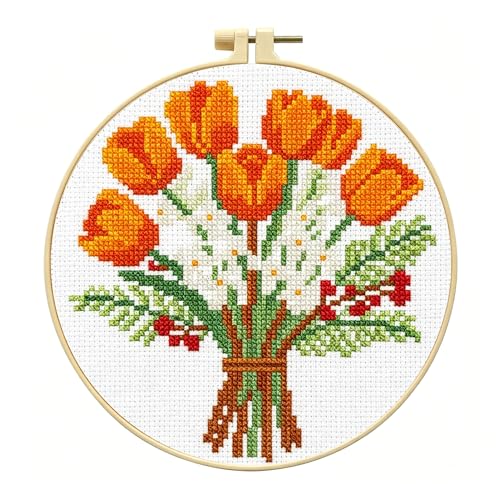 Zhenqing Orange Tulip Bouquet Cross Stitch Kit for Beginners - Complete Set with Pre-Printed 11CT 24x24cm Fabric, Hoop & Threads(70359)