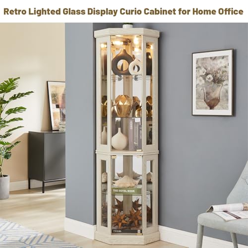 Tall Corner Cabinet with Glass Doors, Lighted Glass Display Curio Cabinet with Adjustable Shelves, Home Office Floor Standing Display Cabinets for Bar, Liquor Storage and Medal, Antique White BAOMKONG