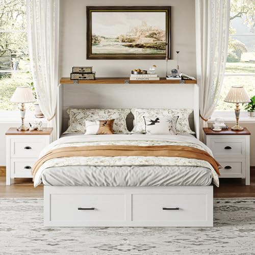 CHUWELL Full Size Murphy Bed with Charging Station & Drawer, Farmhouse Full Size Mobile Cabinet Bed Frame, Murphy Chest Bed Cabinet for Bedroom, Guest Room