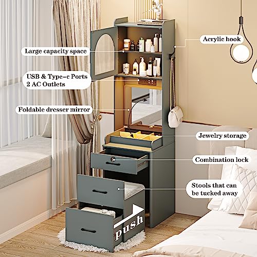 Dystler Makeup Vanity with Mirror and Lights, Vanity Desk with Drawers and Shelves, Makeup Desk with Storage Stool, Compact Vanity Table with Charging Station for Small Space, Grey Dystler