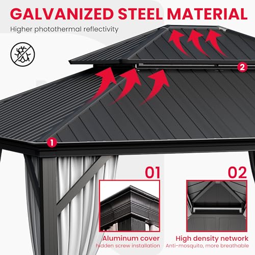 PAMAPIC 12'x14' Hardtop Gazebo, Double Roof Canopy with Netting and Curtains,2-Tier Hardtop Gazebo with Galvanized Iron Aluminum Frame, GardenTent for Backyard, Parties, Garden, Black Pamapic