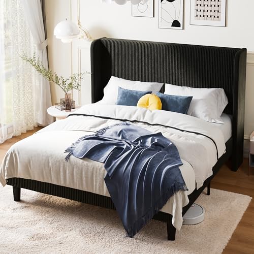Allewie Queen Size Bed Frame with Upholstered Wingback Headboard, Vertical Channel Tufted Corduroy Velvet Platform Bed, Strong Wooden Slats Support, No Box Spring Needed, Easy Assembly, Sturdy, Black Allewie