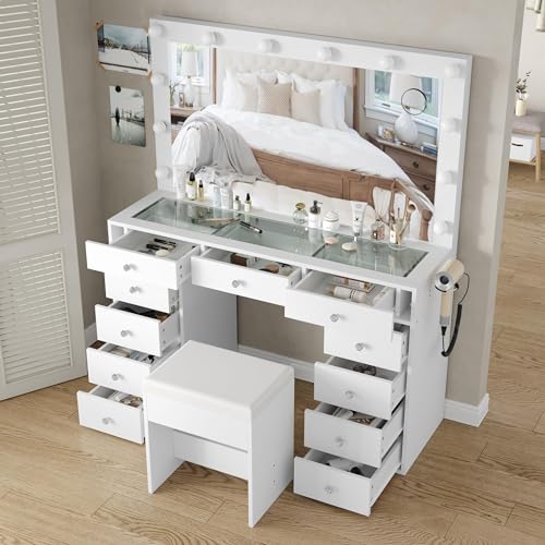 Yanosaku Vanity Desk & Power Outl, Makeup Vanity with Mirror and 12 LED Lights, Makeup Table with 11 Drawers, Vanity Table with Chair,Set 3 Lighting Modes Brightness Adjustable-(White) Yanosaku