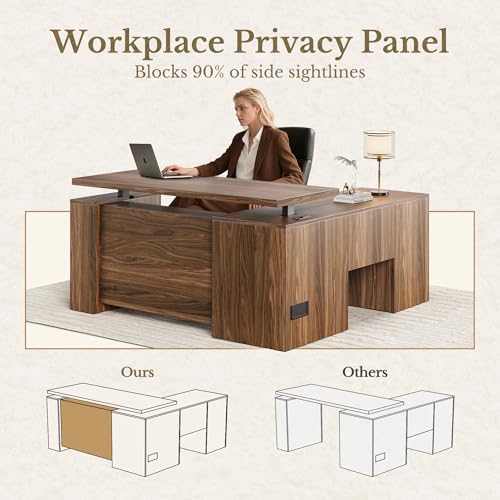 Perledesign 63 Inches L Shaped Electric Standing Desk, Executive Height Adjustable Desk with Drawers and File Cabinet, AC/USB, 1.18" Desktop and Privacy Panel for Home Office, Black Walnut Perledesign