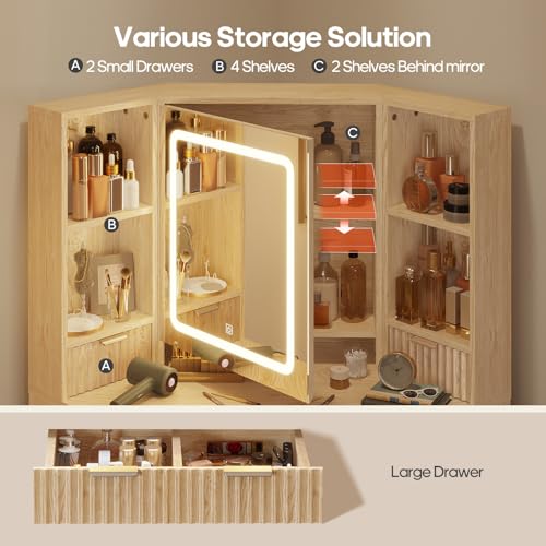 HAUOMS Fluted Corner Vanity Desk with Mirror Lights, Makeup Vanity with Charging Station, Drawers & Rotating Cabinets, Corner Vanity with Storage Bench, for Bedroom, Natural Wood HAUOMS