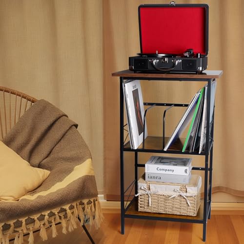 FiloxeniaOasis Record Player Stand with 4 Adjustable Dividers, Vinyl Record Storage Holds 200 LPs, 3 Layer End Table, Multi-Functional Record Player Table for Home, Rustic Brown FiloxeniaOasis