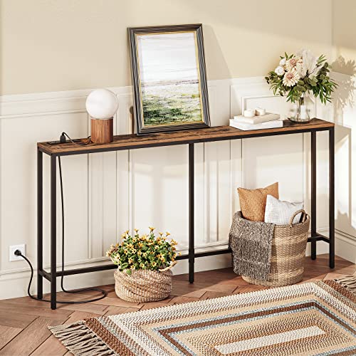 MAHANCRIS 63" Console Table with Power Outlet, Narrow Sofa Table, Industrial Entryway Table with USB Ports, Behind Couch for Entryway, Hallway, Foyer, Living Room, Bedroom, Rustic Brown CTHR16E01Z MAHANCRIS