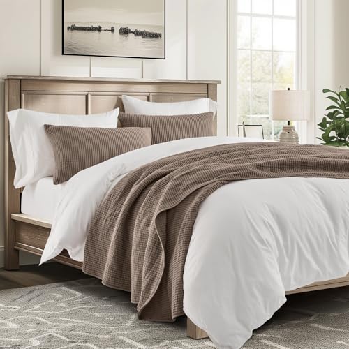EVERGRACEHOME Cotton Coverlet Set Full Queen Size 3 Pieces, Lightweight Soft Ribbed Matelassé Bedspread Quilt Set, Cozy Oversized Quilted Bedding Set with 2 Pillow Shams for All Seasons, Mocha Brown EVERGRACEHOME
