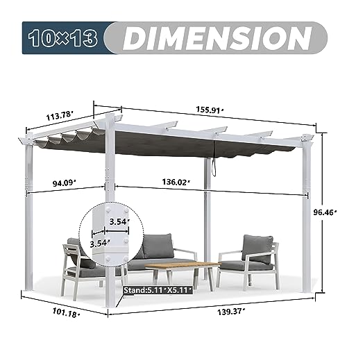 PURPLE LEAF 10' x 13' Outdoor Retractable Pergola Heavy-Duty Aluminum White Pergola with Sun Shade Canopy Patio Modern Shelter for Garden Yard Deck Grape Trellis, Grey PURPLE LEAF