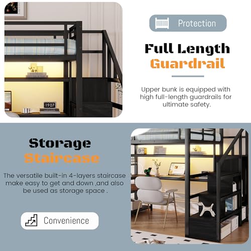 MoproBeti Full Size Loft Bed with Stairs and Desk,Metal Gaming LoftBed with LED Lights,Charging Station, High Loft Beds Frame Full with Storage Shelves,Wardrobe for Teens, Adults, Black MoproBeti