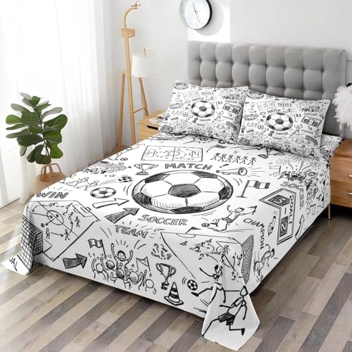 WeCozy Queen Size 4 Pcs Bed Fitted Sheet Set with 14" Deep Pocket, Game Soccer Painting Flat Sheet Set for Kids and Adults, Sport Ball Football Bedding with 2 Pillowcases for Bedroom Decor WeCozy