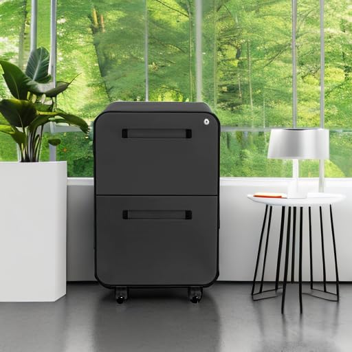 Laura Davidson Furniture Stockpile 2 Drawer Mobile File Cabinet with Lock - Under Desk Metal Filing Cabinet, Legal/Letter File Folders, Wheels and Stationary Feet, Pre-Assembled, Black Laura Davidson Furniture