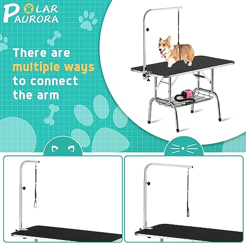 Polar Aurora 46'' Dog Grooming Table, Heavy Duty Pet Grooming Table for Dogs at Home Foldable Grooming Table w/Adjustable Arm & Noose & Mesh Tray Professional Dog Show Stainless Steel Black Polar Aurora