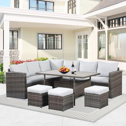 Solaste 7 Piece Patio Furniture Set, All Weather Wicker Patio Conversation Sets with Cushion Seat & Pillows, Outdoor Dining Set, Patio Furniture Outdoor Sectional, Grey Solaste