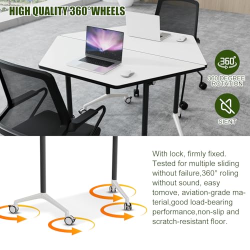 Rolling Trapezoid Conference Table with Silent Wheels,Moveable Foldable Meeting Tables,Flip Top Modular Seminar Table,Business Mobile Folding Training Tables for Office Room,Surface is White(8pack, B) ATagope