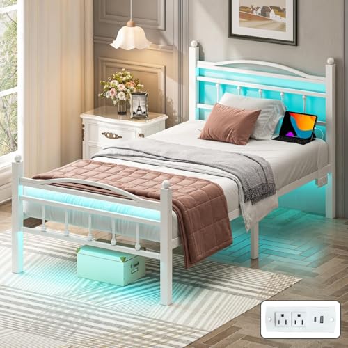 Jenmit Twin Bed Frames with Headboard, LED Bed Frame with Charging Station, Metal Platform, Under-Bed Storage, No Box Spring Needed, Noise Free, Easy Assembly, White Jenmit