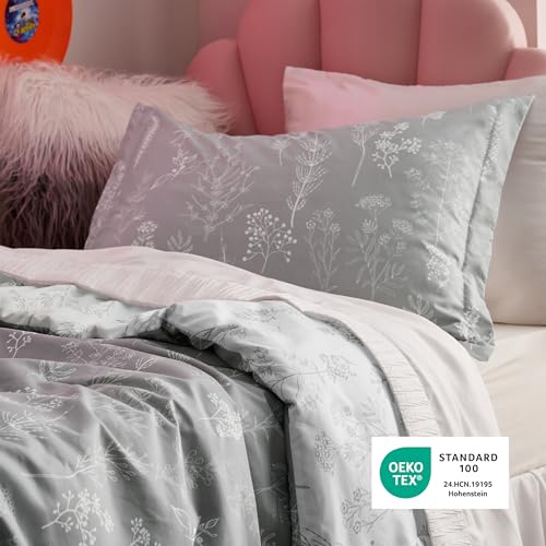 Bedsure Twin/Twin XL Comforter Set - Grey Bed Set, 2 Pieces Cute Floral Bedding, 1 Soft Reversible Botanical Flowers Comforter and 1 Pillow Sham Bedsure