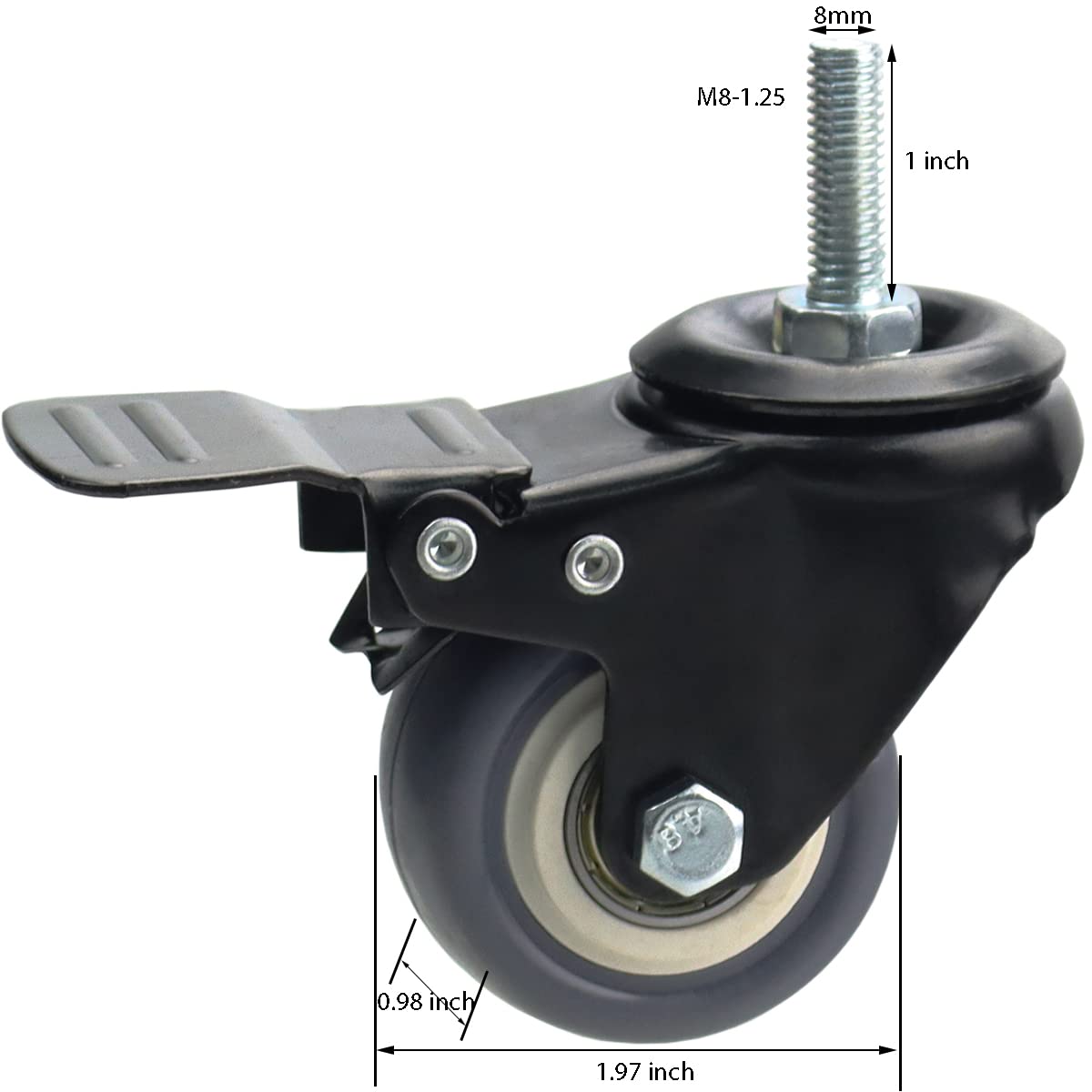 YEEMIGO 2 Inch Swivel Caster Wheels Set of 4, Metric M8-1.25 Threaded stem(Bolt Diameter 8mm, Length:1″) Durable Soft Rubber casters with Double Lock Mechanism, castors for Carpet Hardwood Floor. YEEMIGO