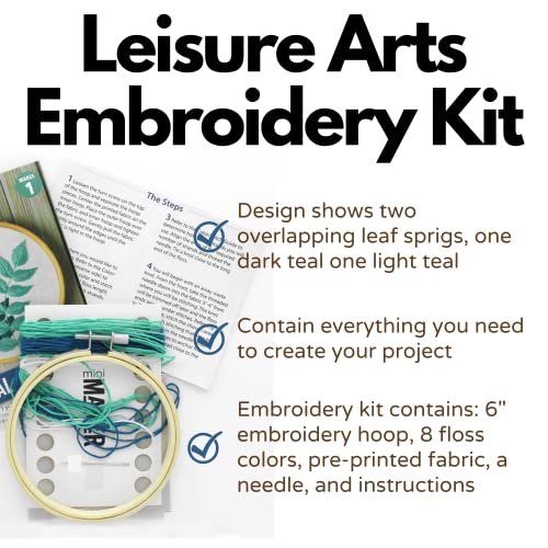 Leisure Arts Embroidery Kit 4" Teal Leaves - cross stitch kits for beginners - embroidery kit for beginners - embroidery kits for adults - embroidery kits for adults