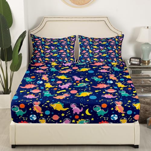 Erosebridal Boys Cartoon Dinosaur Bed Sheets,Kids Cute Dino Sheet Set,Girly Funny Dinosaur Astronaut Bedding Set Home Room Decor,Galaxy Space Stars Fitted Sheet + Flat Sheet + 2 Pillowcases,King Erosebridal