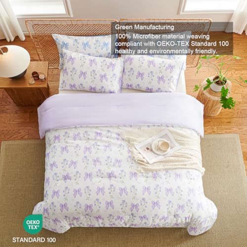 CCoutueChen Purple Bow Comforter Set Full 3 Pieces Floral Bedding Set for Girls Kids, Romantic Princess Style Bowknot Bedding, Ultra Soft Microfiber Garden Flower Comforter Sets with 2 Pillowcases CCoutueChen
