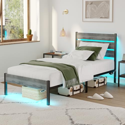 PUNICE Twin Size Bed Frame with Charging Station, LED Light Metal Bed Frame with Wooden Headboard, No Box Spring Required, No Noise, Easy Assembly, Light Grey PUNICE