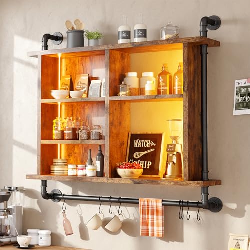 REIBII Led Floating Shelves for Wall 37" Kitchen Shelves for Wall Storage Industrial Pipe Shelving with 8 S-Hook Wood Wall Mounted Shelves for Bathroom Wall Wine Coffee Bar Rack Living Room Deco REIBII