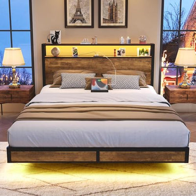BedsPick Full Size Bed Frame with 2-Tier Storage Headboard, Sturdy Metal Platform Bed Frame with Charging Station & LED Lights, Noise-Free/Metal Support/No Box Spring Needed, Rustic Brown