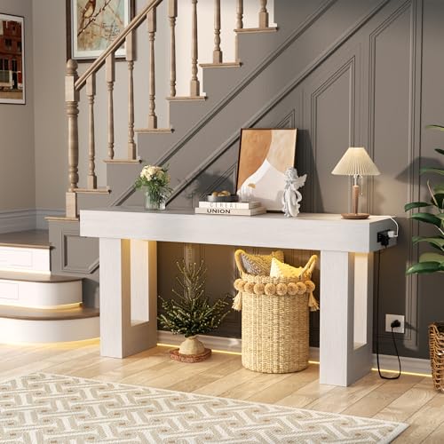 Unikito 63'' Farmhouse Console Table with Power Outlets and Sensor Light, Wooden Entryway Table with Storage, Rectangular Sofa Tables Behind The Couch for Entrance, Hallway, Living Room, Antique White Unikito