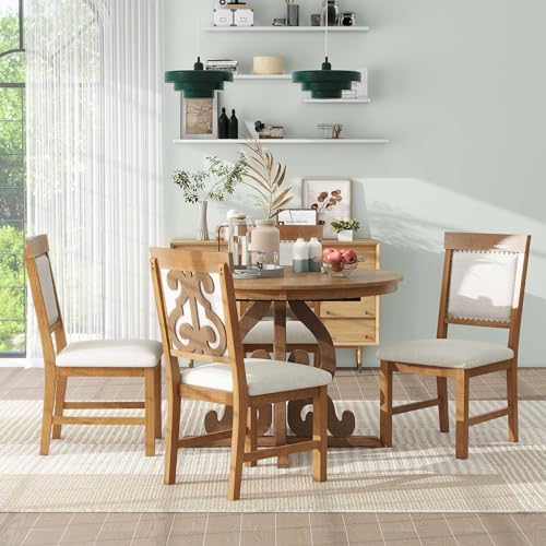 Merax Round Dining Table Set for 4, 5-Piece Extendable Kitchen Table Set with 4 Upholstered Chairs, Farmhouse Dining Table and Chairs Set for Kitchen, Dining Room, Living Room, Walnut Merax