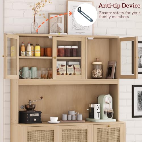 Irontar 70.9'' Kitchen Pantry Cabinet, Kitchen Hutch with Microwave Stand & Charging Station, Farmhouse Tall Storage Cabinet with Countertop, Bar Cabinet with Drawer and Glass Doors, Natural CWG011ME Irontar