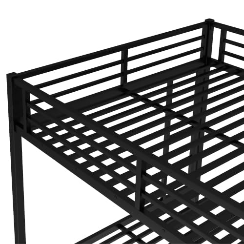 Metal Bunk Bed with Trundle Bed, Queen Over Queen Bunk Bed Frame with 2 Side Ladder and Thicker Legs, Black Bellemave