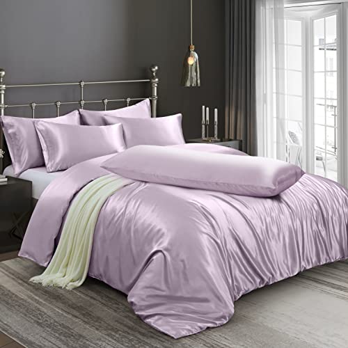 Ersmak 6 Pieces Satin Duvet Cover Full/Queen Size Luxury Silky Bedding Duvet Cover Set with 1 Soft Duvet Cover, 4 Queen Pillowcases and 1 Body Pillowcase, Lavender Ersmak